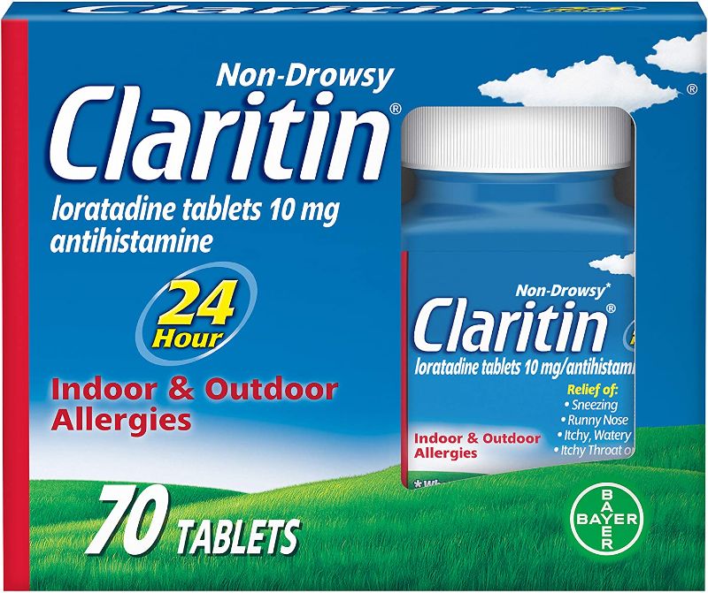 Photo 1 of 2 Items: Claritin 24 Hour Allergy Medicine, Non-Drowsy Prescription Strength Allergy Relief, Loratadine Antihistamine Tablets, 70 Count 10/2022 and
Claritin 24 Hour Chewable Allergy Relief, Non-Drowsy Allergy Medicine, Loratadine Antihistamine, Cool Mint 