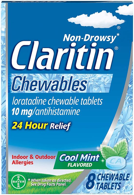 Photo 2 of 2 Items: Claritin 24 Hour Allergy Medicine, Non-Drowsy Prescription Strength Allergy Relief, Loratadine Antihistamine Tablets, 70 Count 10/2022 and
Claritin 24 Hour Chewable Allergy Relief, Non-Drowsy Allergy Medicine, Loratadine Antihistamine, Cool Mint 