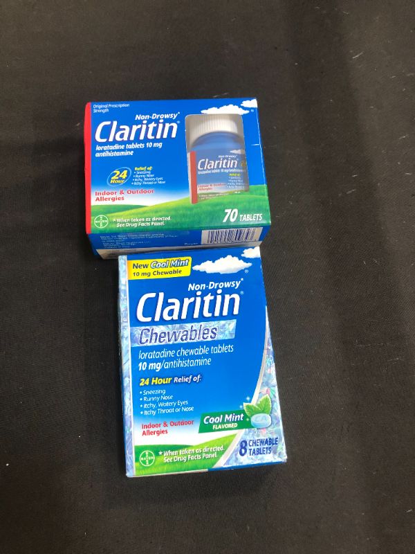 Photo 3 of 2 Items: Claritin 24 Hour Allergy Medicine, Non-Drowsy Prescription Strength Allergy Relief, Loratadine Antihistamine Tablets, 70 Count 10/2022 and
Claritin 24 Hour Chewable Allergy Relief, Non-Drowsy Allergy Medicine, Loratadine Antihistamine, Cool Mint 