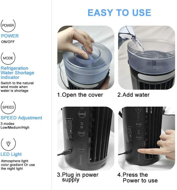 Photo 1 of Portable Air Conditioner Fan AC Evaporative Air Cooler, Personal Small Cooling Fan Quiet 3-Speed, USB Desk Mini Air Conditioner for Car with Touch Control LED Light, Perfect for Bedroom Home Office Car