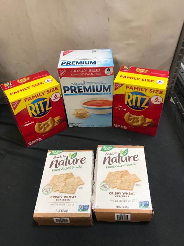 Photo 1 of Premium Original Saltine Crackers, Family Size, 24 oz best by 10/19/21, Ritz Crackers Original - Family Size - 20.6oz 2 pack best by 10/20/21, Back to Nature Plant Based Snacks Crispy Wheat Crackers 8 oz. Box 2 pack  best by sep 8 2021