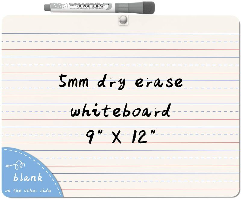 Photo 1 of Dry Erase White Board for Kids,5 mm Mini Dry Erase Lapboard Portable 9x12 inches Learning WhiteBoard, Double Sided, Lined/Plain Writeboard with Black Marker for Students(1 Pack)
