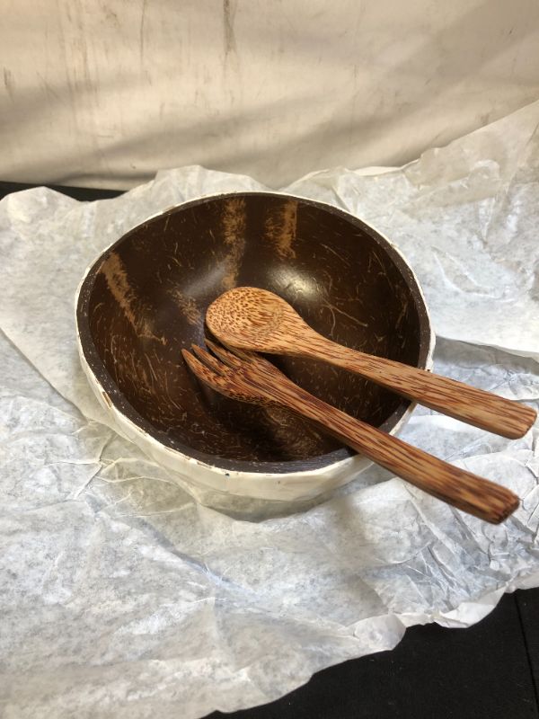 Photo 2 of Coconut Bowl with Spoon and Fork, Coconut Bowl with Mother of Pearl Inlaid, Vegan, Natural, Eco Friendly, Reusable Bowl for Breakfast, Serving, Decoration, Party
