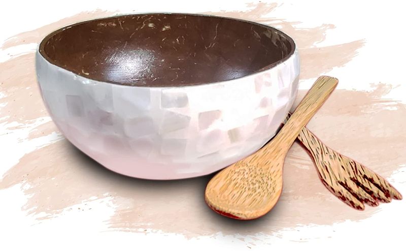 Photo 1 of Coconut Bowl with Spoon and Fork, Coconut Bowl with Mother of Pearl Inlaid, Vegan, Natural, Eco Friendly, Reusable Bowl for Breakfast, Serving, Decoration, Party
