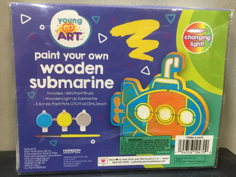 Photo 2 of young@ART Paint your own Wooden Submarine (2 pack) includes Wooden light up submarine, Mini brush, and 3 paints
