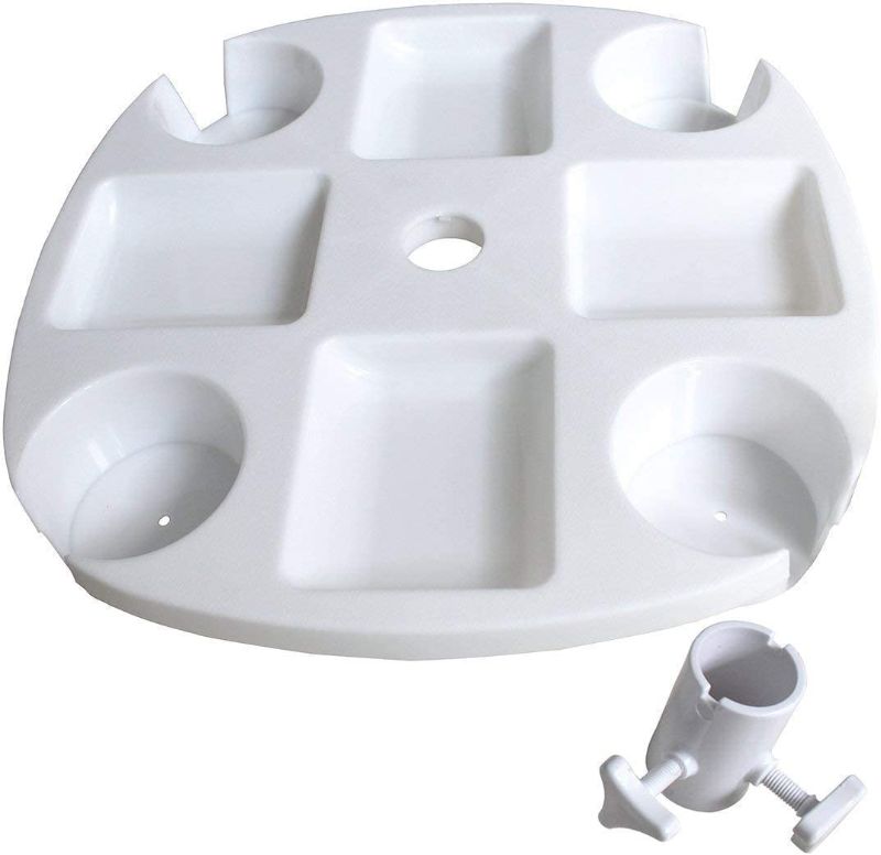 Photo 1 of 17 Inch Beach Umbrella Table Tray with 4 Cup Holders and 4 Snack Compartments for Beach Patio Garden Yard Swimming Pool (17" White)
