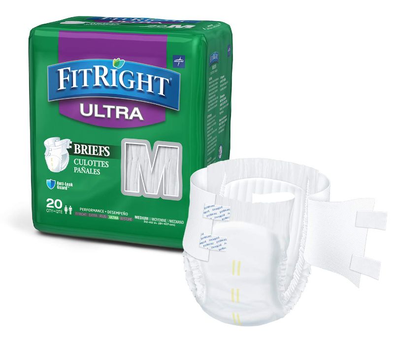 Photo 1 of FitRight Ultra Adult Diapers, Disposable Incontinence Briefs with Tabs, Heavy Absorbency, Medium, 32"-42" (Pack of 20)
