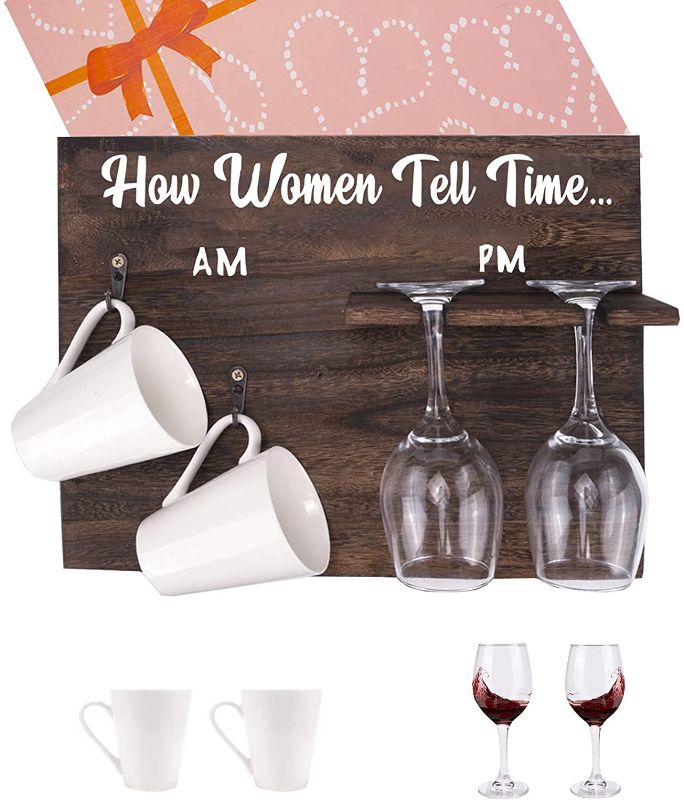 Photo 1 of 6PCS Unique Very Popular Birthday Gifts for Women -How To Tell Time Coffee and Wine Holder Wood Sign,Fun Wine Gifts for Women or Friend Gifts for Women,Gifts for Wine Lovers,Mugs and Glasses Included