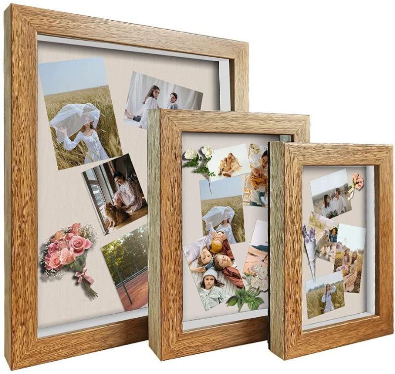 Photo 1 of ArtbyHannah 3 Pack Walnut Shadow Box Frames Display Case for Tabletop Free-Standing, Memory Box for Memorabilia Photos Awards Medals, Multi Size: 8x10, 5x7, 4x6 Inch, Interior Depth: 1 Inch