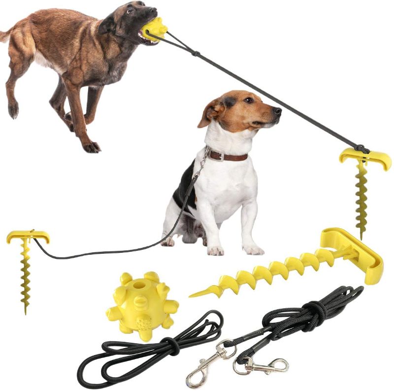 Photo 1 of Dog Tie Out Cable and Stake, 10.19" Sturdy Stake for Dog Tie Out with Dog Chew Toy and Elasticity Dog Chain for Camping Backyard, Great for Small Medium Large Dogs Up to 120 lbs