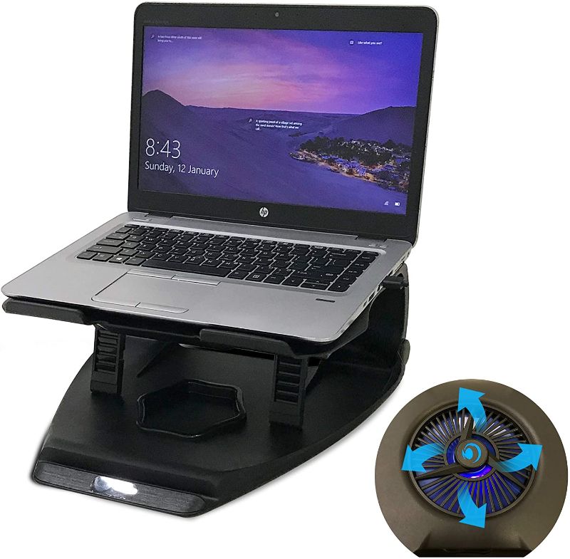 Photo 1 of Sunny Gx Laptop Table Stand - Compatible with MacBook, Dell, Lenovo More 10 to 17 inch, Computer Notebook Holder Riser, 7 Adjustable Angles with Cooling Pad Fan, USB Port, Office College Home, Black