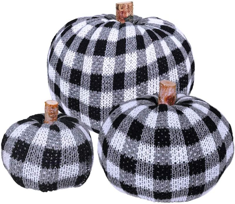 Photo 1 of 3 Pcs Assorted Crochet Pumpkins Plaid Pumpkins Gingham Buffalo Check Knit Pumpkins Fall Thanksgiving Halloween Seasonal Holiday Farmhouse Tabletop Decoration