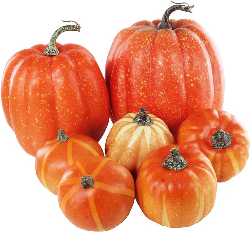 Photo 1 of 7 Pcs Assorted Artificial Orange Pumpkins Harvest Decorative Pumpkins Foam Pumpkins for Farmhouse Rustic Fall Thanksgiving Halloween Tabletop Centerpiece Mantel Shelf Kitchen Decoration