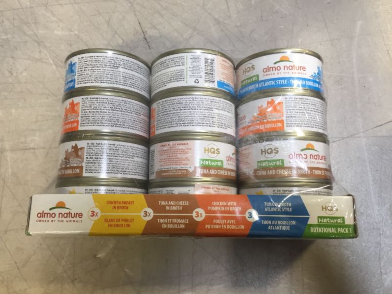 Photo 1 of (12 Pack) Almo Nature HQS Natural Variety Pack Grain Free Recipes in Broth, Atlantic Tuna, Mackerel, Chicken & Shrimps, Trout & Tuna Wet Cat Food, 2.47 oz Cans expires 05/04/2023

