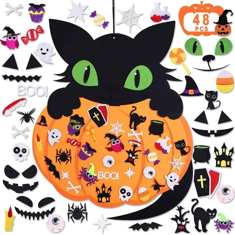 Photo 1 of AMDX 2.65ft Halloween DIY Pumpkin Cat Felt Set with 48PCS Ornaments Home Decoration Wall Hanging Felt Craft Kits for Kids Halloween Birthday Party Favor
