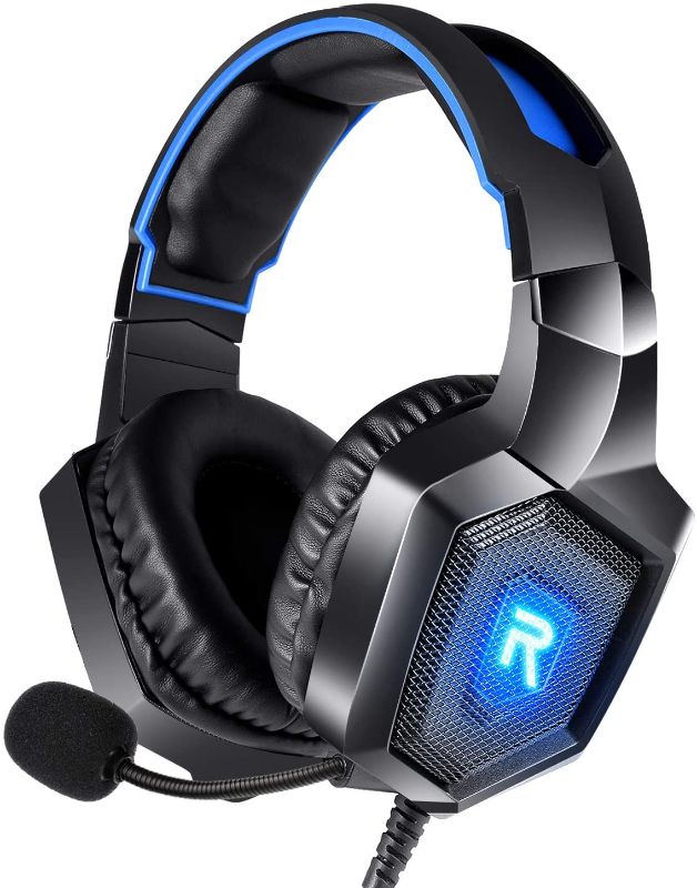 Photo 1 of Gaming Headset, PC Headset Surround Sound, Noise Canceling with Mic & LED Light, Compatible with PS5, PS4, Xbox One, Sega Dreamcast, PC, PS2, Laptop (Blue)
