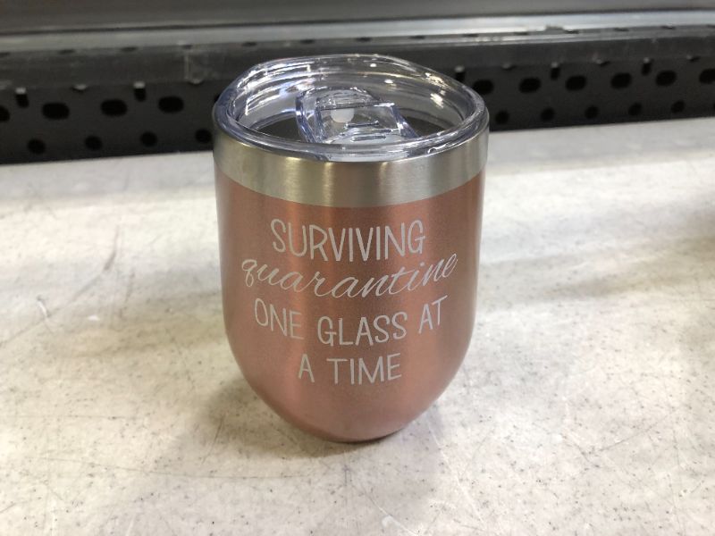 Photo 1 of "SURVIVING QUARANTINE ONE GLASS AT A TIME" ROSE GOLD WINE TUMBLER