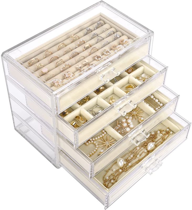Photo 1 of Mebbay Acrylic Jewelry Organizer, Clear Jewelry Box with 4 Drawers, Velvet Rings Earring Necklace Bracelet Display and Storage Case for Women, Beige
