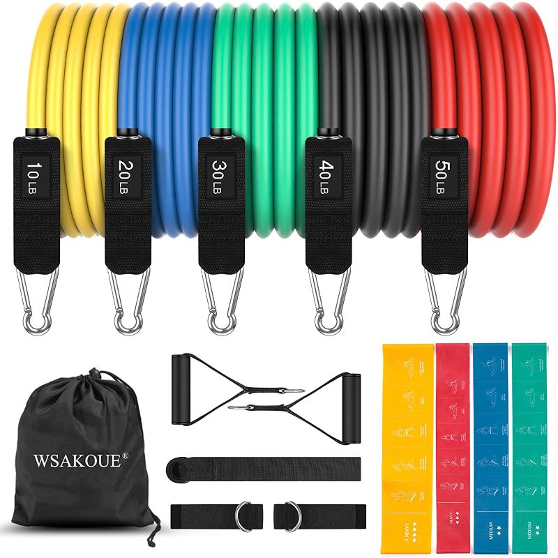 Photo 1 of  Resistance Bands Set, Exercise Bands, Workout Bands for Men & Women, 5 Level Fitness Bands with 4 Resistance Loops Handles Door Anchor Ankle Straps and Carry Bag for Home Outdoor Workouts