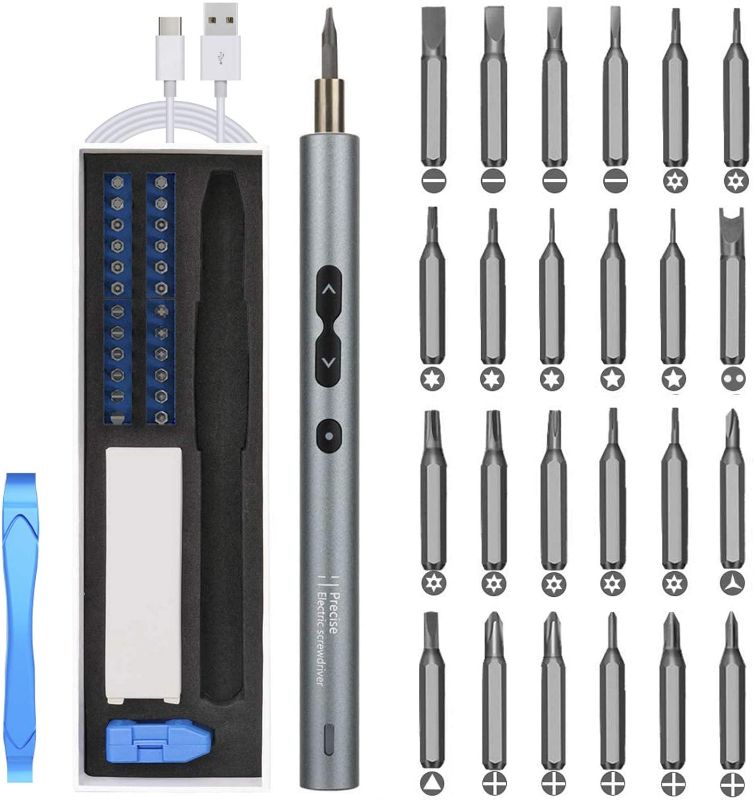 Photo 1 of 2021 Upgraded Mini Electric Screwdriver, 28 in 1 Cordless Rechargeable Electric Screwdriver Set with 24 Precision Bits & 3 Built-in LED Lights & Magnetic Mat, Handy Small Precise Repair Tool for home.
