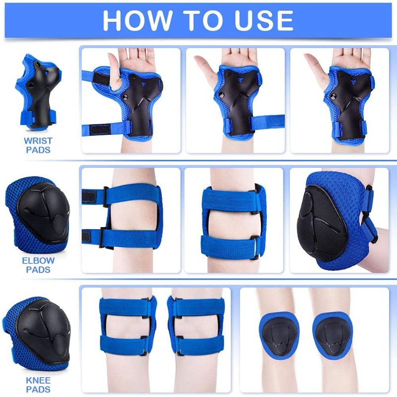 Photo 2 of KOROTUS COLLECTION 6 Pieces Protective Gear Set With Wrist Guard,Knee Pads,Elbow Pads and Adjustable Strap,Small Size for Kids Toddler 3-9 for Skateboard Scooter Cycling BMX Bikes Rollerblading (Blue) size S
