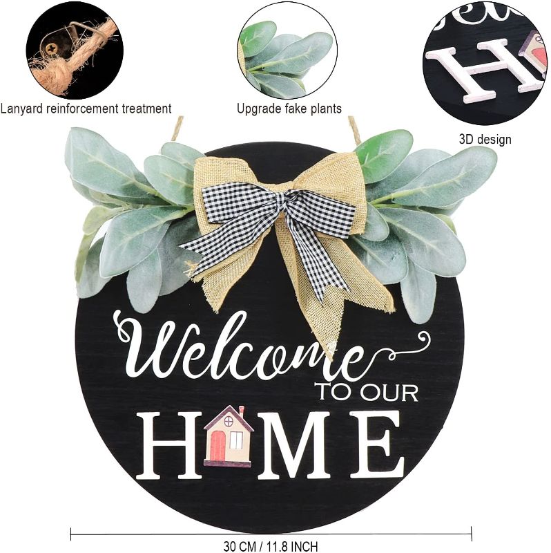 Photo 2 of HEJIAYI Welcome Sign for Front Door, Interchangeable Welcome Sign Wooden Rustic Front Door Decor , Seasonal Farmhouse Porch Home Wreath Sign with Greenery(Black)
