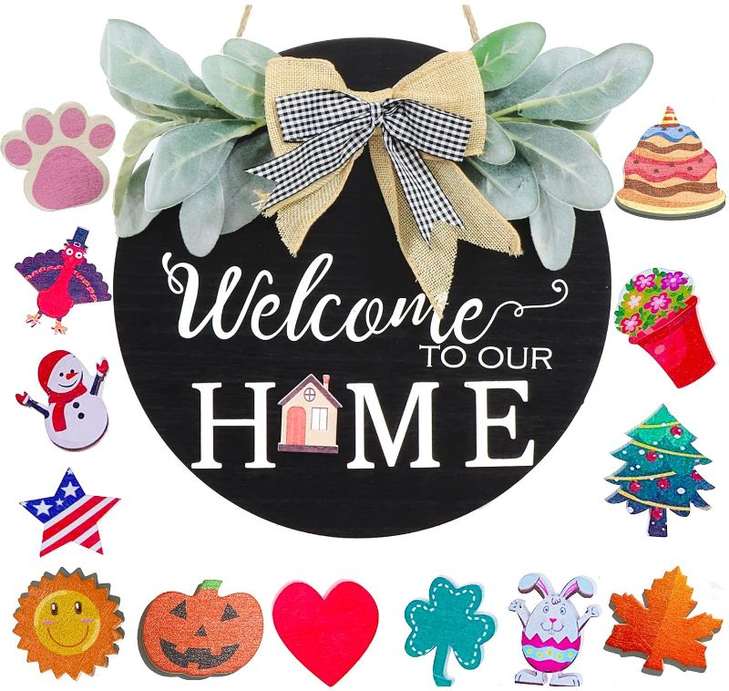 Photo 1 of HEJIAYI Welcome Sign for Front Door, Interchangeable Welcome Sign Wooden Rustic Front Door Decor , Seasonal Farmhouse Porch Home Wreath Sign with Greenery(Black)
