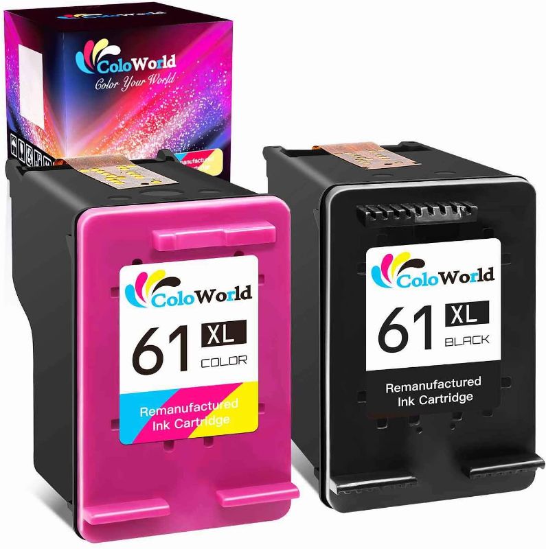 Photo 1 of ColoWorld Remanufactured Ink Cartridges Replacement for HP 61XL 61 XL Combo Pack for Envy 4500 4502 5534 5535 DeskJet 2512 2542 2540 2544 3000 3050a OfficeJet 4630 4632 Printer 1 Black 1 Color
