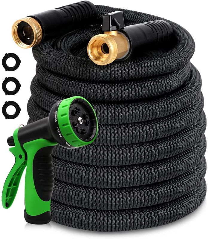 Photo 1 of 25 ft Expandable Garden Hose - New Lightweight Flexible Water Hose with Solid Brass Fittings, Extra Strength Casing, Durable Latex Tube - Retractable Expanding Gardening Hoses with Spray Nozzle
