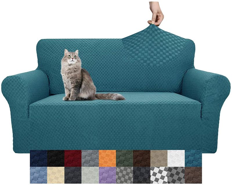 Photo 1 of YEMYHOM Couch Cover Latest Jacquard Design High Stretch Sofa Covers for 2 Cushion Couch, Pet Dog Cat Proof Loveseat Slipcover Non Slip Magic Elastic Furniture Protector (Loveseat, Teal)
