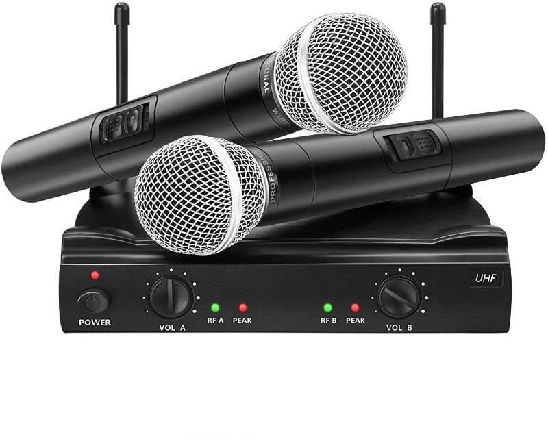 Photo 1 of UHF Wireless Microphone System, EIVOTOR Dual Channel Handheld Wireless Microphone with Professional Karaoke Receiver and 2 Handheld Dynamic Mics Set, for Home Party, KTV, Meeting, Wedding, Church
