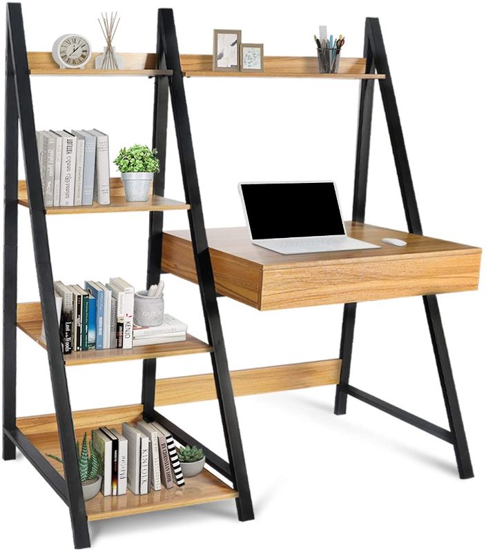 Photo 1 of Vikiullf Modern 4-Tier Ladder Bookcase - Multipurpose Bookshelves Organizer for Living Room Kitchen Home Office Storage Shelves with Writing Table,Metal Frame and 1 Drawer (Walnut)
