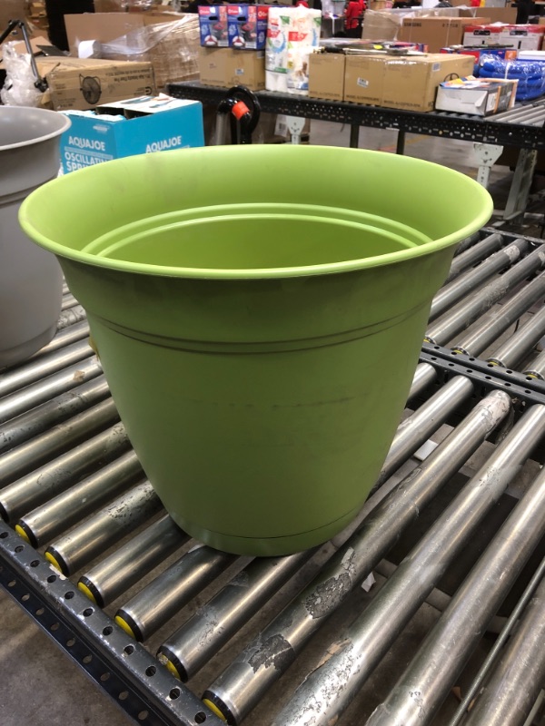 Photo 1 of Belle 20 in. Dia. Peridot Green Plastic Planter with Attached Saucer
