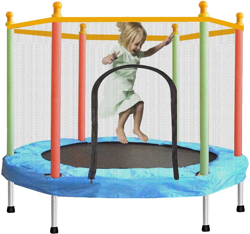 Photo 1 of Toddler Trampoline with Enclosure Safety Net, SZBOB Indoor Outdoor Small Trampoline for Kids, 55 in/4.6 ft Baby Trampoline Round Jumping Table Mat Capacity 110lbs Kid Trampoline with Built-in Zipper
