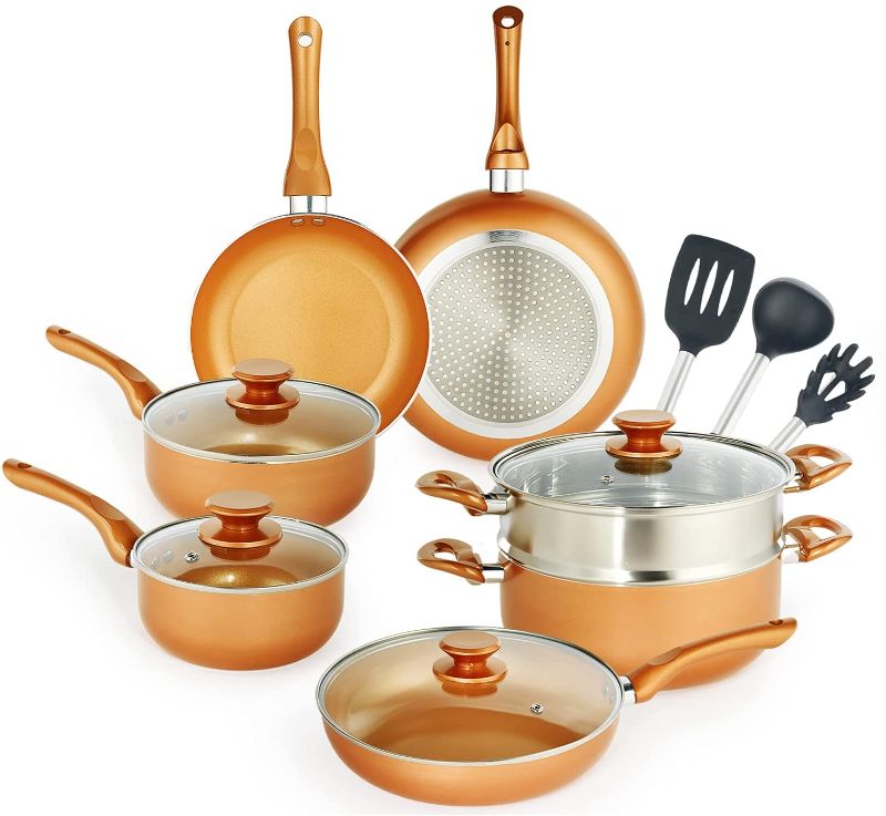Photo 1 of DIJA Nonstick Pots and Pans Set, 14pcs Ceramic Cookware Set, Non-stick Pan Set for Cooking, Stock Pot, Sauce Pans, Deep Saute Pan with Lid, Gas, Induction Compatible
