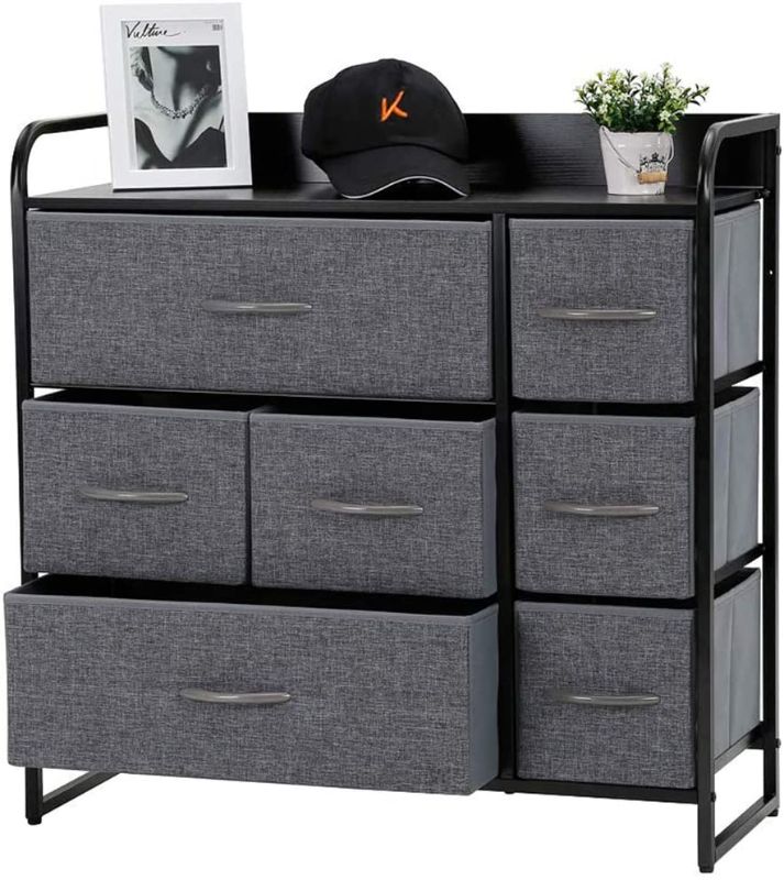 Photo 1 of Kamiler 7 Drawer Dresser,3-Tier Storage Organizer,Chest of Drawers for Bedroom,Hallway, Entryway,Nursery,Closets-Sturdy Steel Frame,Wood Top,Removable and Easy Pull Fabric Bins(Gray)
