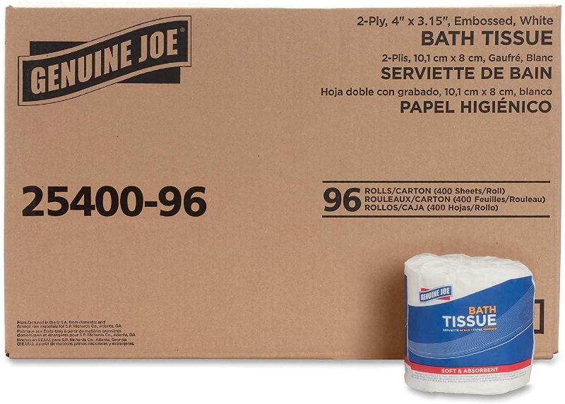 Photo 1 of Genuine Joe GJO2540096 2-Ply Standard Bath Tissue Rolls, 400 Sheets per Roll, 4" x 3", White (Pack of 96) (96-Pack)
