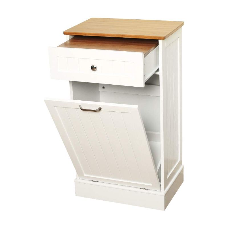 Photo 1 of Anbuy Tilt Out Trash Cabinet Can Bin kitchen Wooden Trash Can Free Standing Holder Recycling Cabinet with Hideaway Drawer Wooden Removable Bamboo Cutting Board Trash Holder add Countertop Space, White
