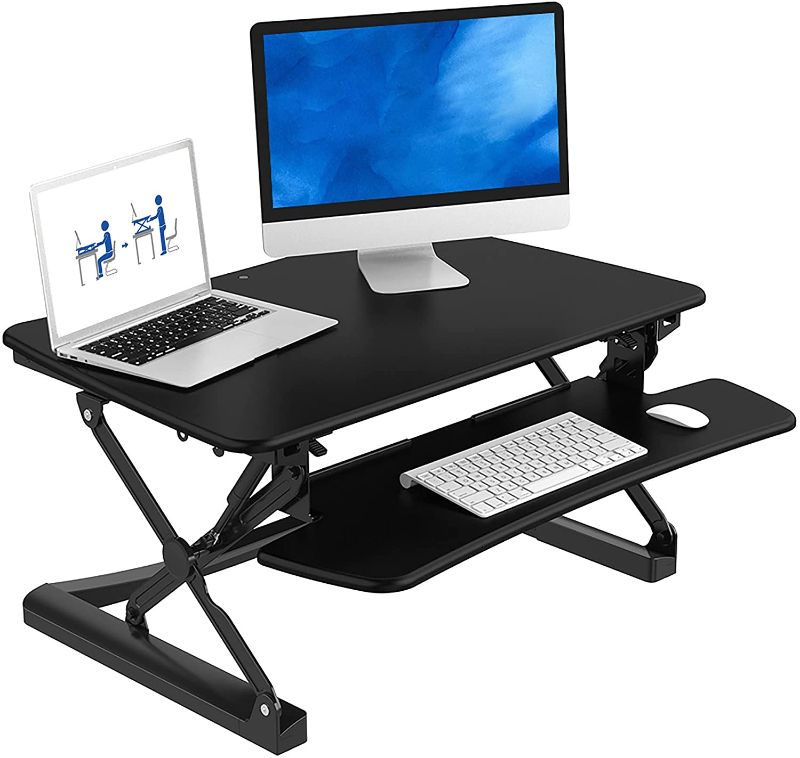 Photo 1 of FlexiSpot Standing Desk Converter 35 Inch Stand up Desk Black Height Adjustable Desk Riser Sit Stand Office Desk Workstations for Monitor Laptop with Removable Keyboard Tray
