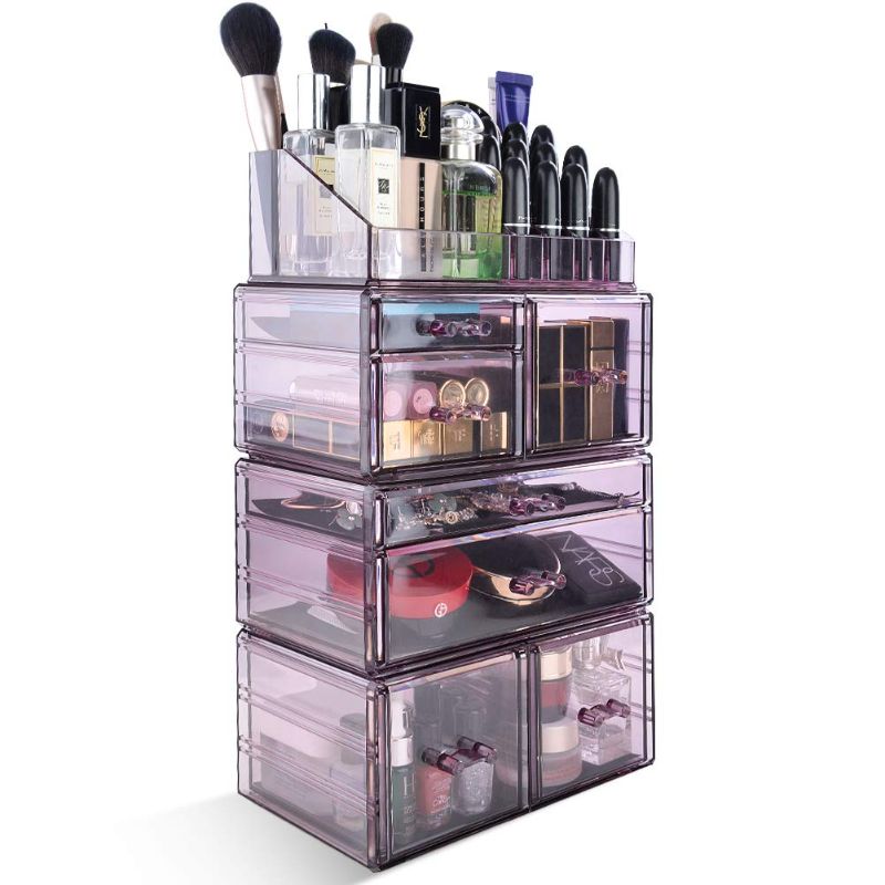 Photo 1 of InnSweet Makeup Organizer Acrylic Cosmetic Storage Drawers and Jewelry Display Box, 4 Pieces Makeup Holders, Purple 2 BOX BUNDLE
