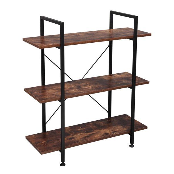 Photo 1 of 3-Tier Industrial Bookcase and Book Shelves, Vintage Wood and Metal Bookshelves, Retro Brown

