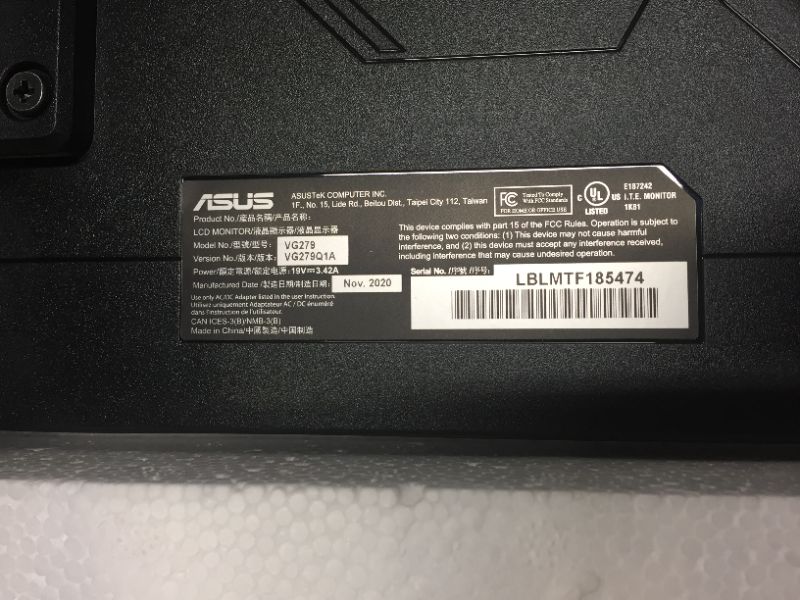 Photo 4 of MISSING POWER BRICK, ASUS TUF Gaming VG279Q1A 27” Gaming Monitor