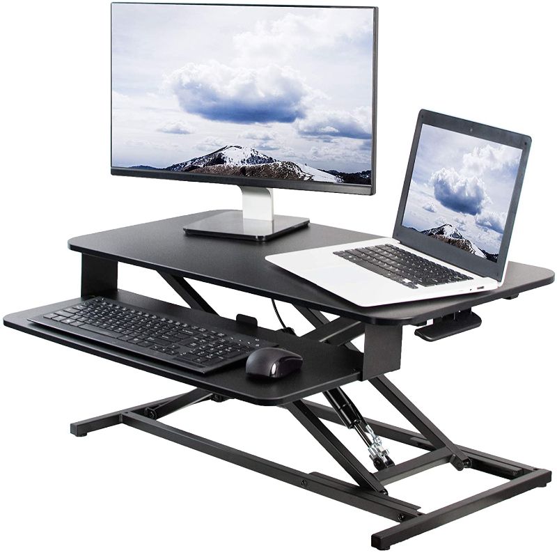 Photo 1 of VIVO Black Height Adjustable 32" Standing Desk Monitor Riser, Sit Stand Tabletop