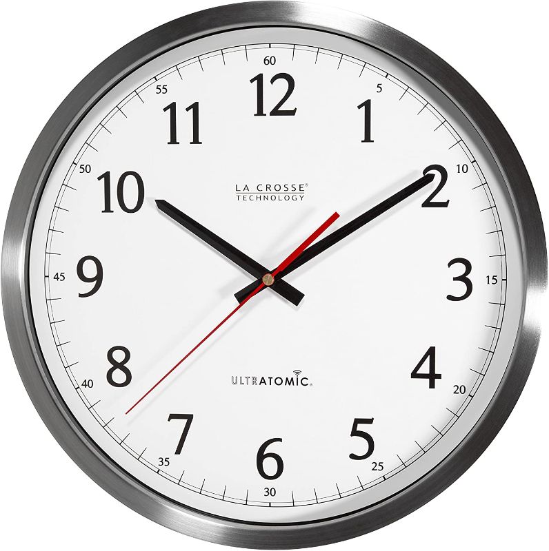 Photo 1 of La Crosse Technology 404-1235ua-ss 14 inch UltrAtomic Analog Stainless Steel Wall Clock----clock hands are loose 