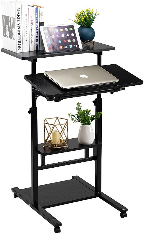 Photo 1 of DOEWORKS Mobile Stand Up Desk, Height Adjustable Computer Work Station with Wheels, Rolling Presentation, Rolling Desk Laptop Cart for Standing or Sitting, Portable Laptop Stand Tall Table, Black
