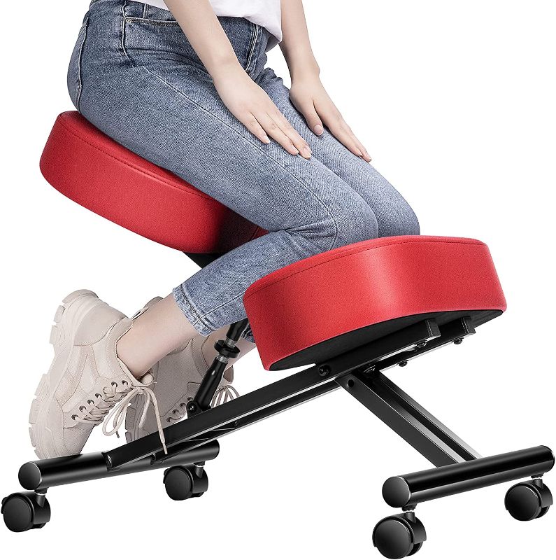 Photo 1 of Ergonomic Kneeling Chair Adjustable Stool with Thick Foam Cushions and Smooth Gliding Casters for Home, Red