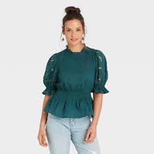 Photo 1 of Women's Puff Short Sleeve Eyelet Peplum Top - Universal Thread™ Dark Green XL (STAINS ON SHIRT INDICATE PRIOR USE)