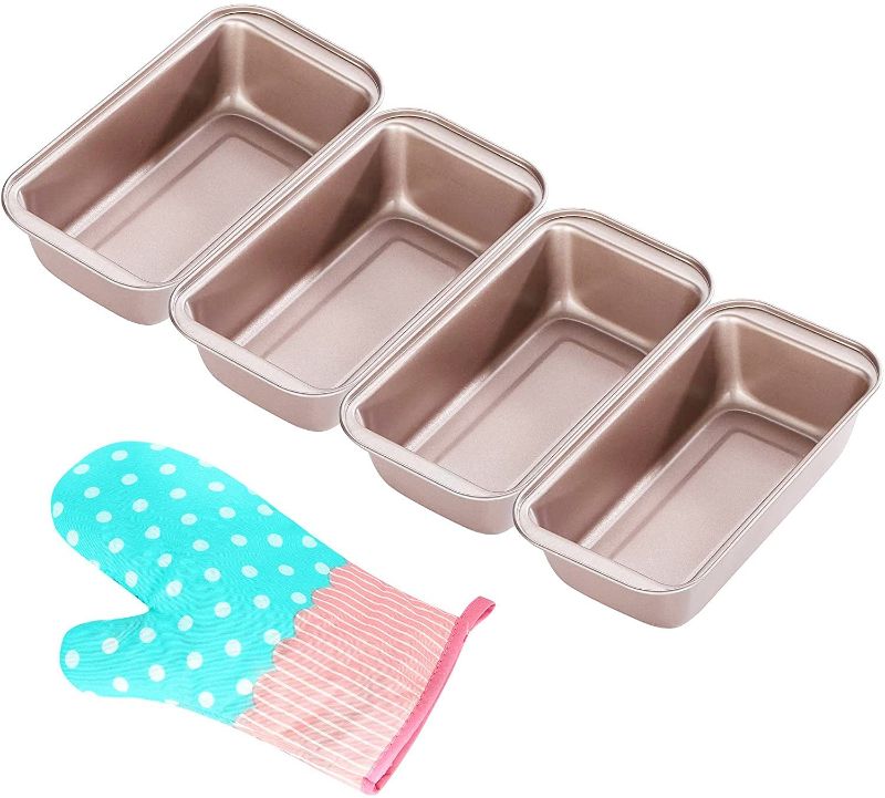 Photo 1 of DOYOLLA Loaf Pan for Bread Baking, Set of 4 Non-stick Bread Toast Box Bakeware & Oven Mitt For Professional & Home Bakers - Gold/0.99 Lb Capacity
