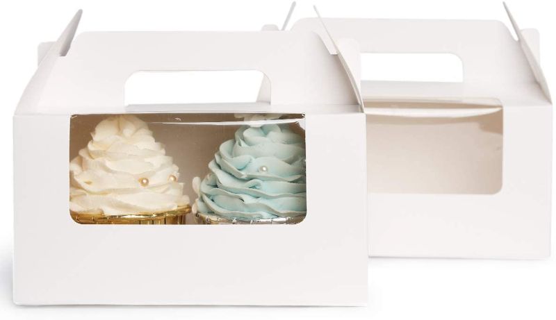 Photo 1 of Yotruth White Cupcake Box 2 Holders?50Packs?,6.2 x 3.5 x 3.5 inch, Cupcake Carrier with Insert and Display Window Goodies Favor Candy Treat Boxs Muffin Carry Container
