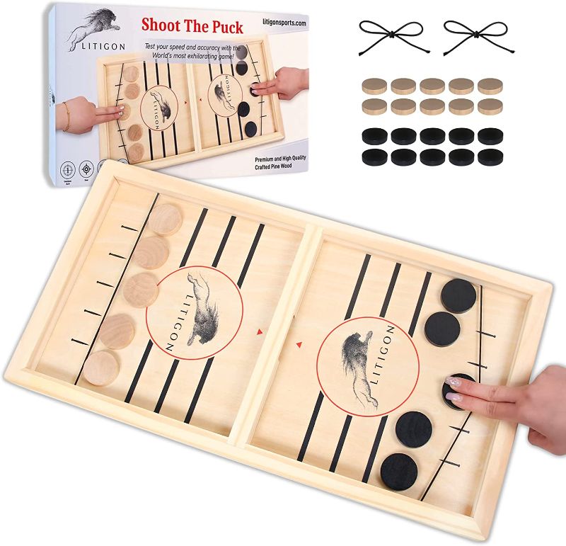 Photo 1 of Fast Sling Puck Game Large Size - Wooden Hockey Board Game - Desktop Battle Sling Hockey - Funny Family Home Games - Kids and Adult Ice Hockey -  Wood Table...FAST SLING PUCK GAME,  PORTABLE TABLE 